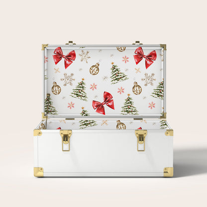 White trunk with Christmas-themed interior pattern