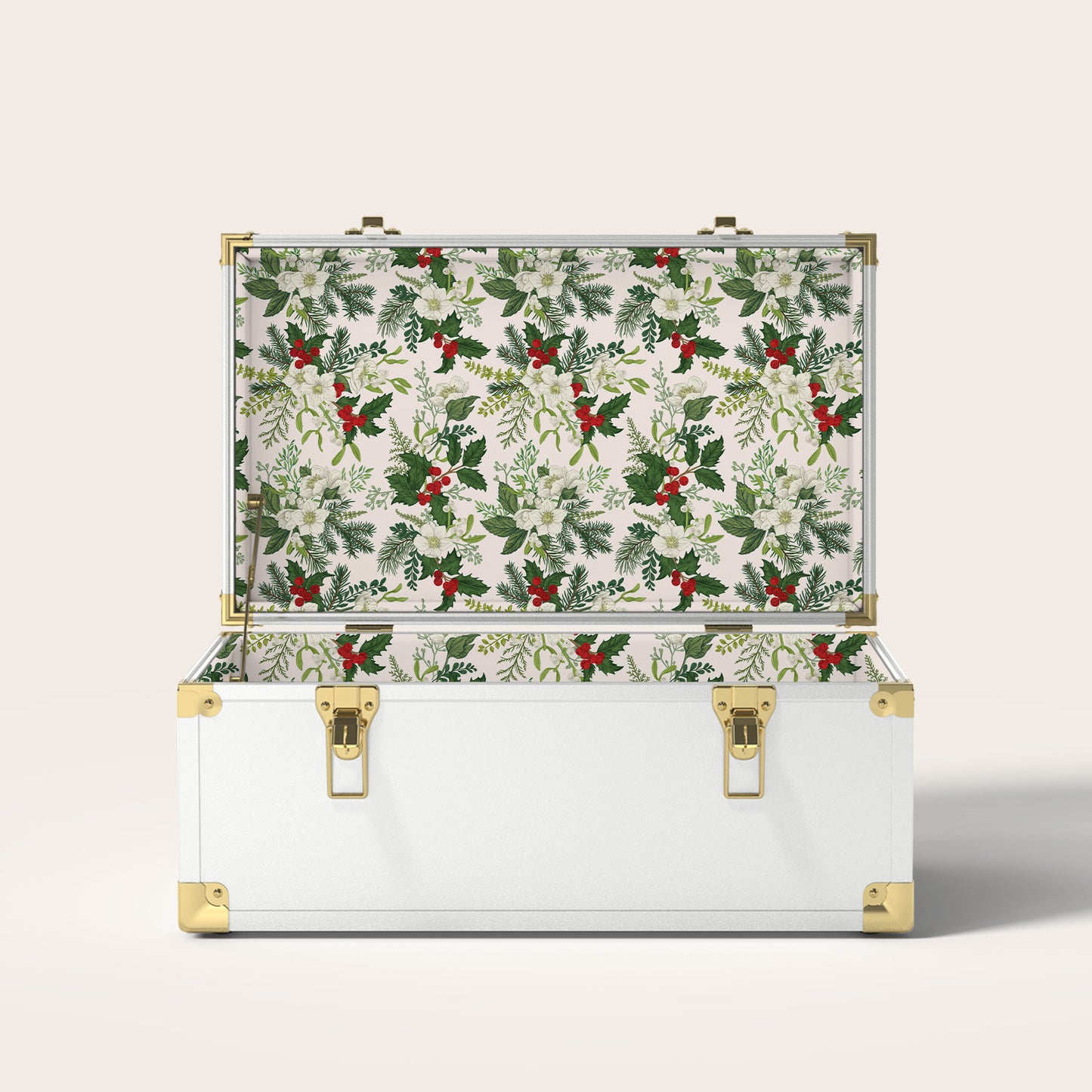 White trunk with Christmas holly interior pattern.