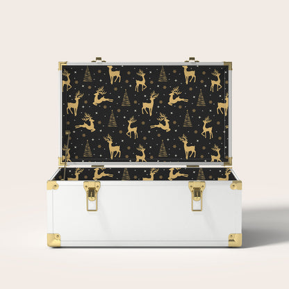 White storage trunk with gold reindeer and Christmas tree interior pattern