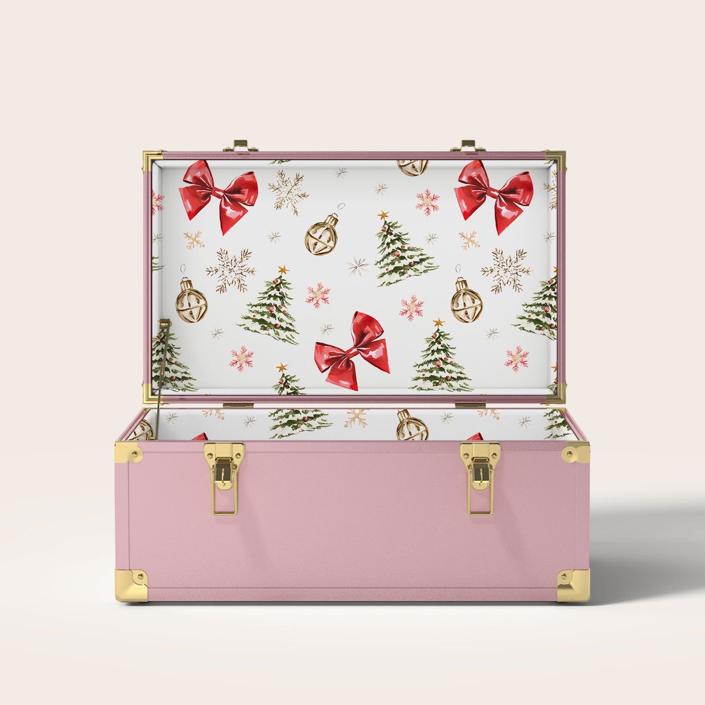 Pink trunk with Christmas-themed interior pattern