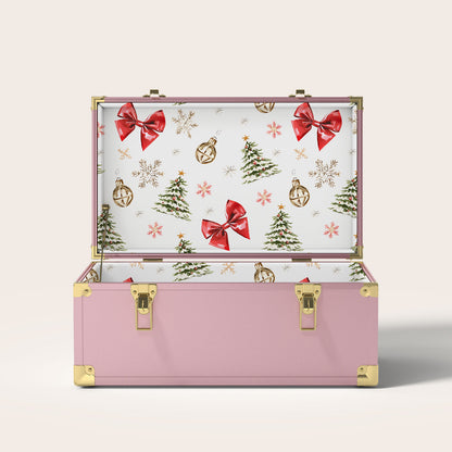 Pink trunk with Christmas-themed interior pattern