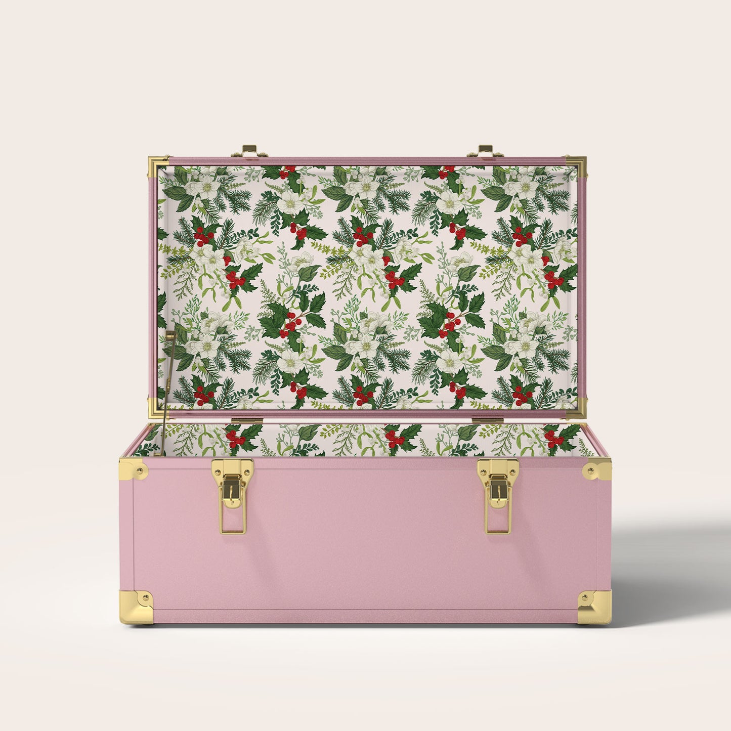 Pink trunk with Christmas holly interior pattern.
