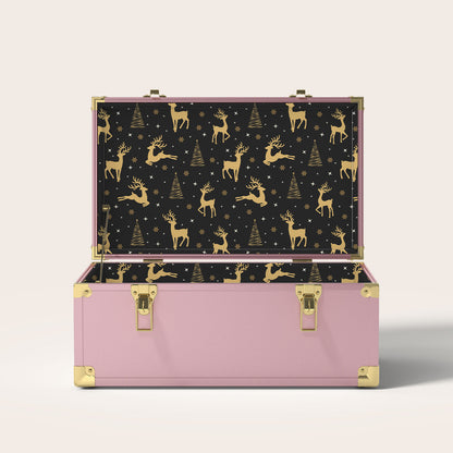 Pink storage trunk with gold reindeer and Christmas tree interior pattern 