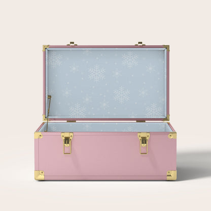 Pink trunk with light blue snowflake interior pattern