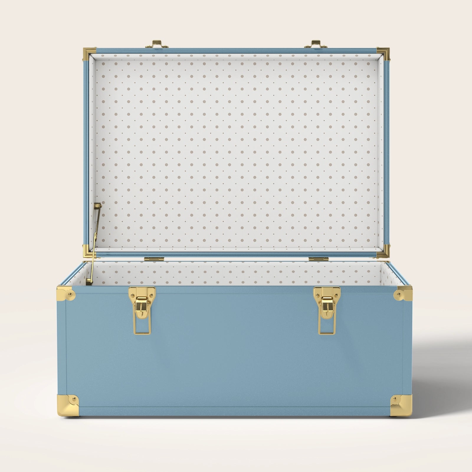 blue trunk with brown star interior pattern