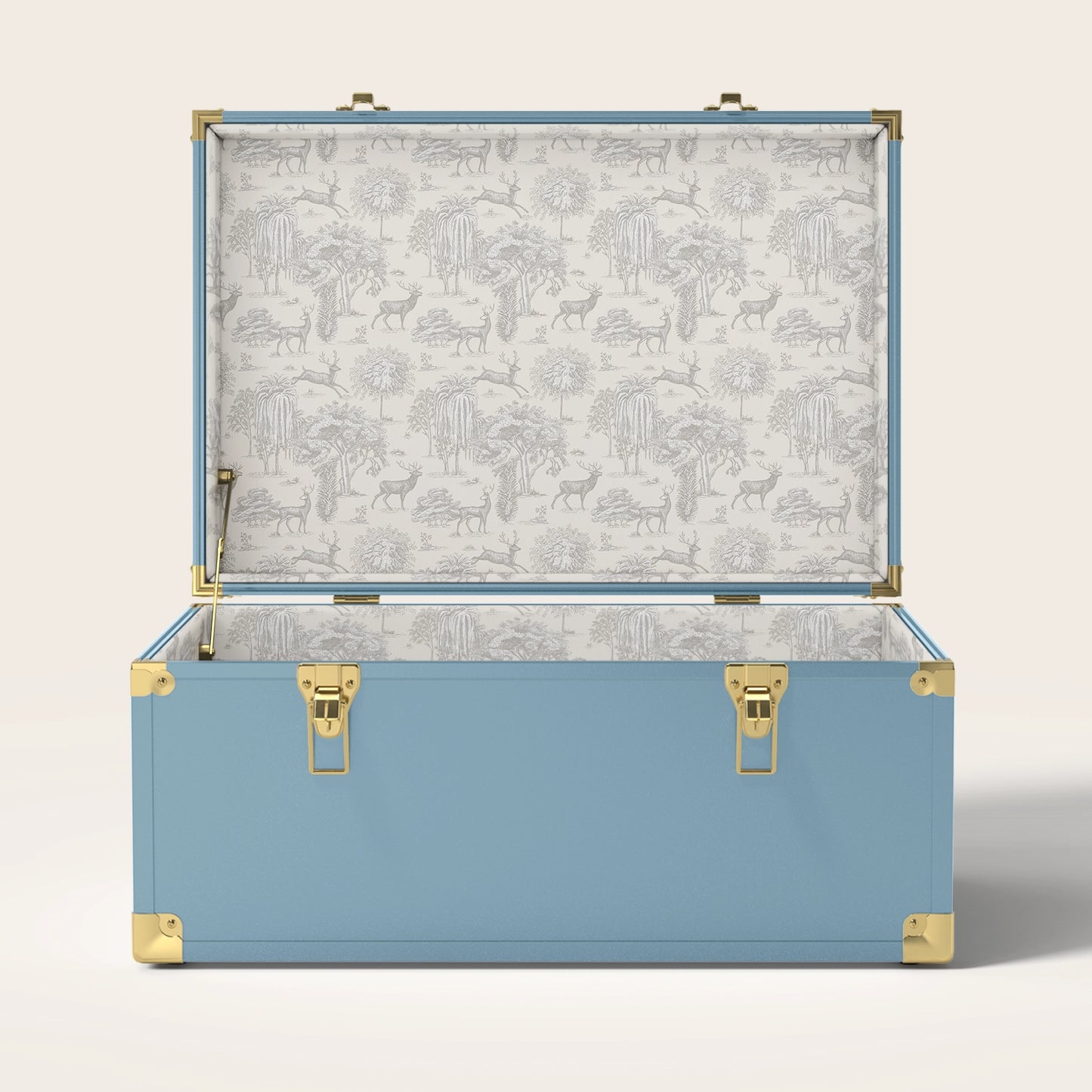 blue trunk with cream landscape interior pattern