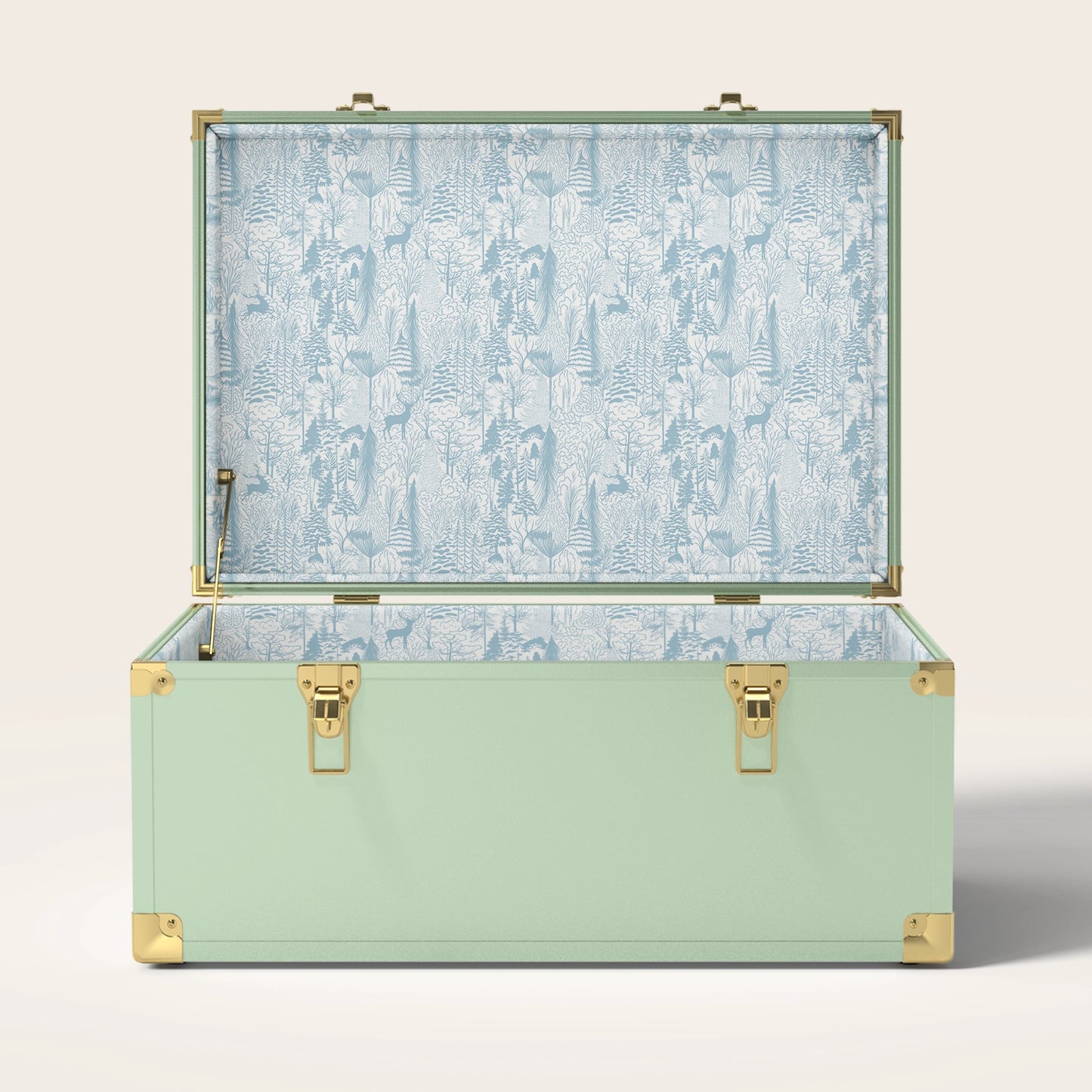 Green trunk with blue landscape interior pattern