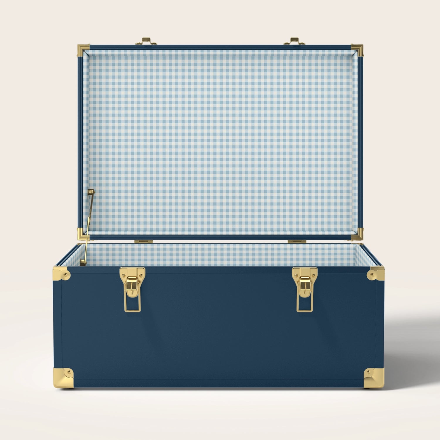 Navy trunk with blue gingham interior pattern