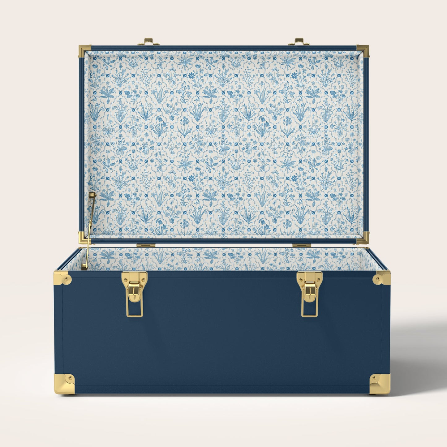Navy trunk with blue floral interior pattern
