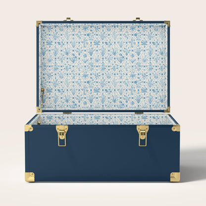 Navy trunk with blue floral interior pattern