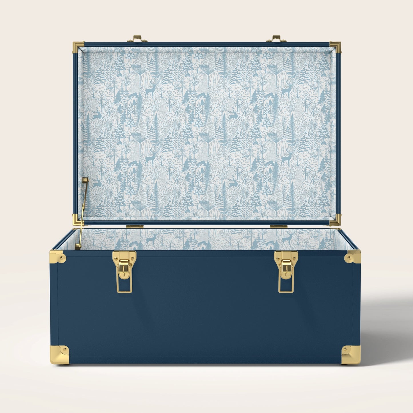 Navy trunk with blue landscape interior pattern