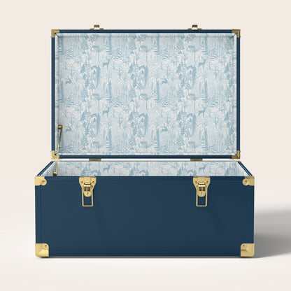 Navy trunk with blue landscape interior pattern
