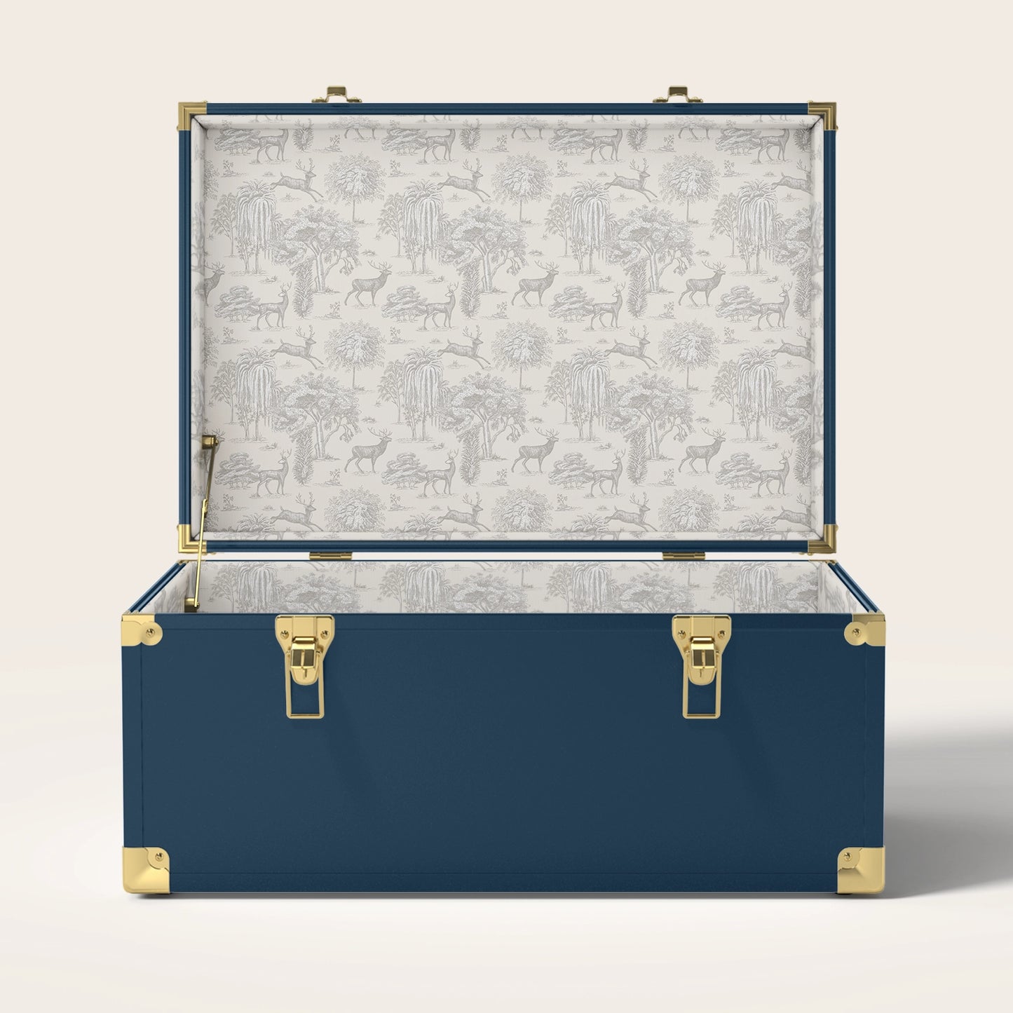 Navy trunk with cream landscape interior pattern