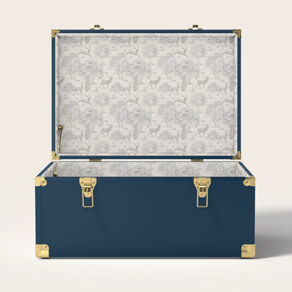 Navy trunk with cream landscape interior pattern