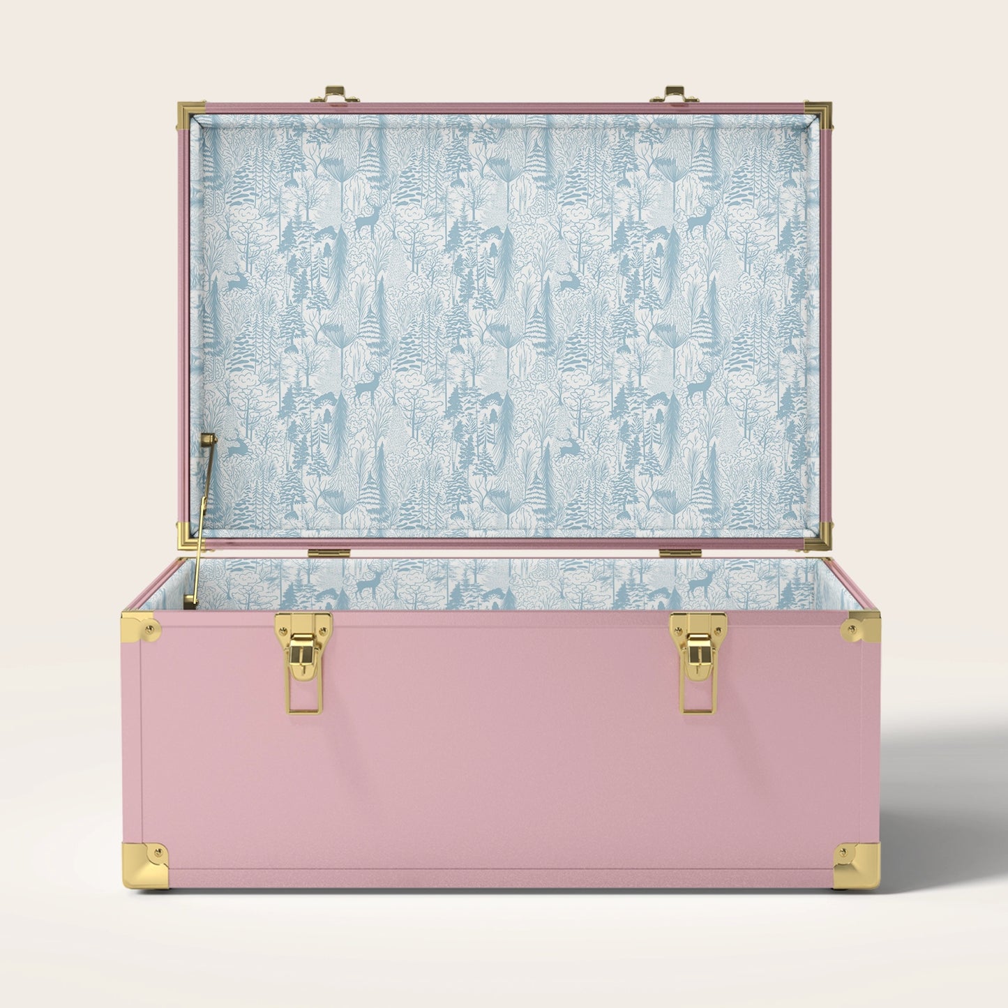 Pink trunk with blue landscape interior pattern