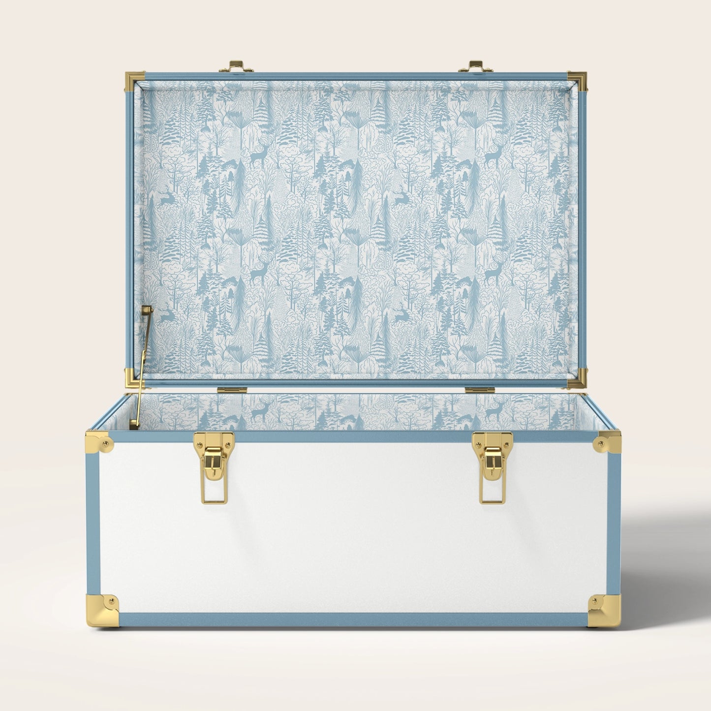 Blue and white trunk with blue landscape interior pattern