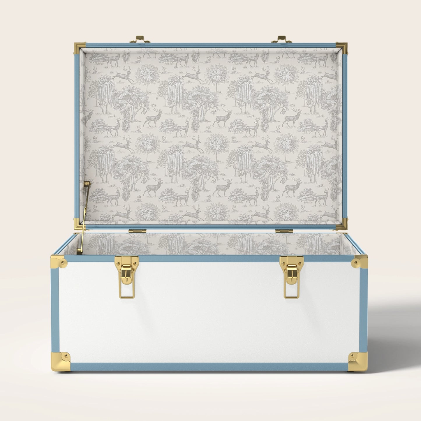 Blue and white trunk with cream landscape interior pattern