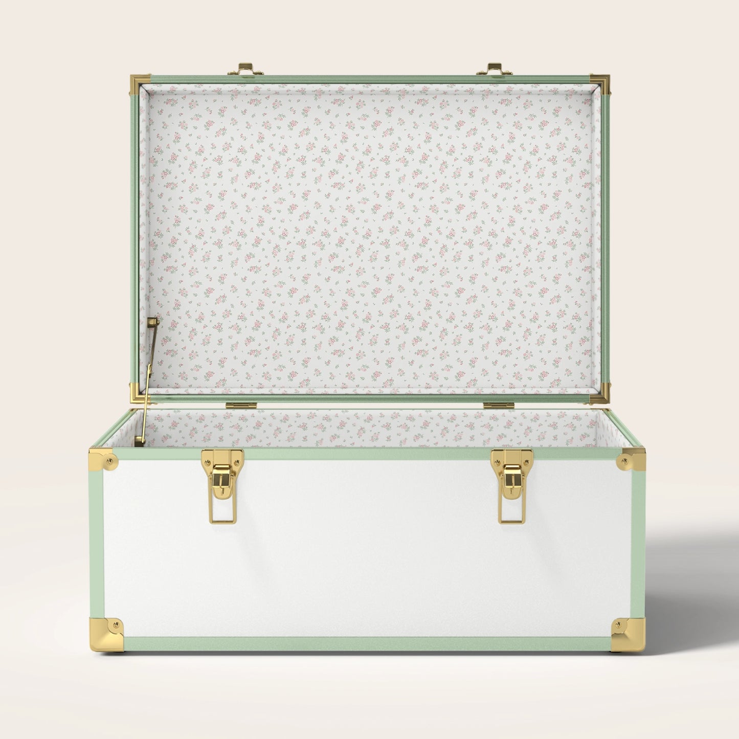 Green and white trunk with floral interior pattern