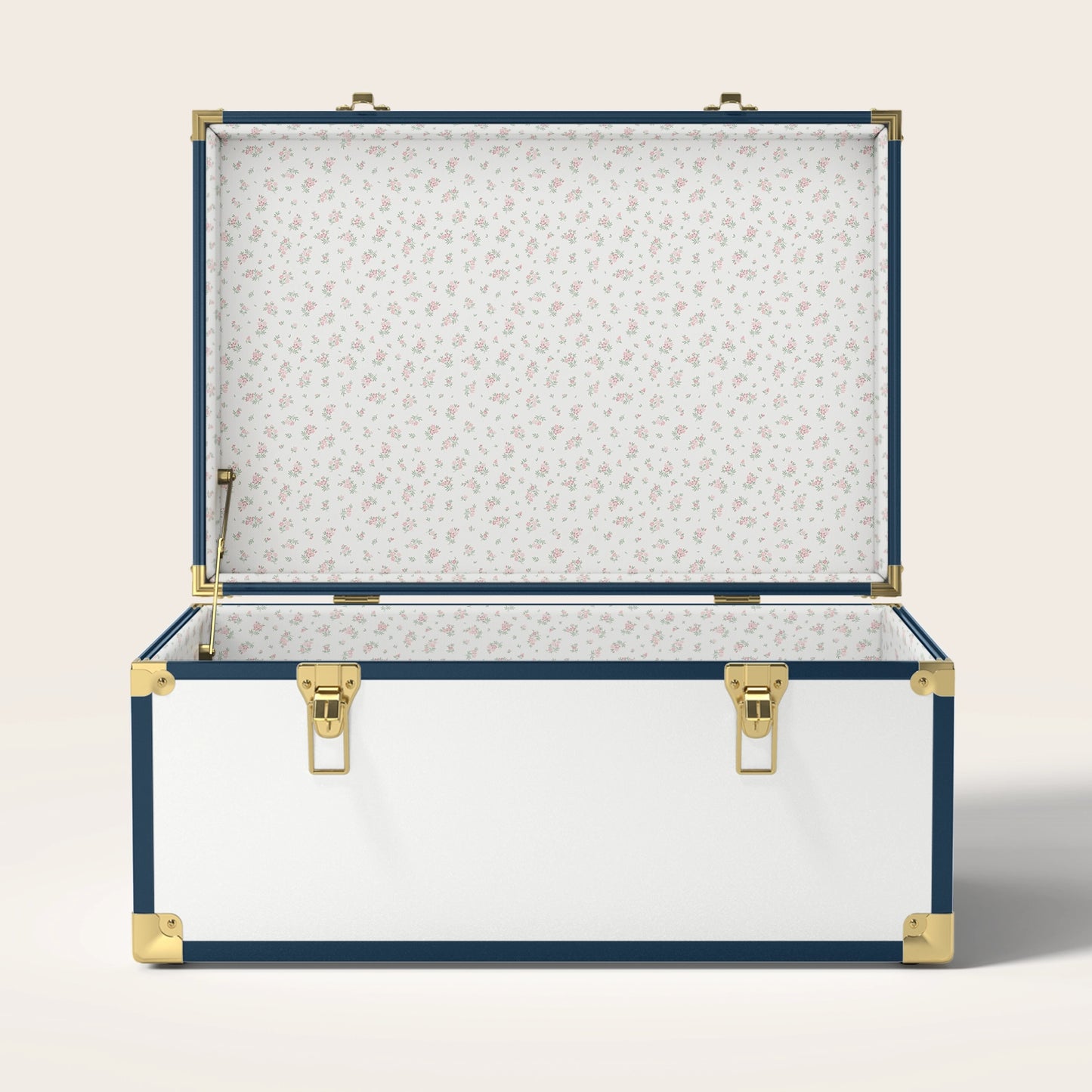 Navy and white trunk with floral interior pattern