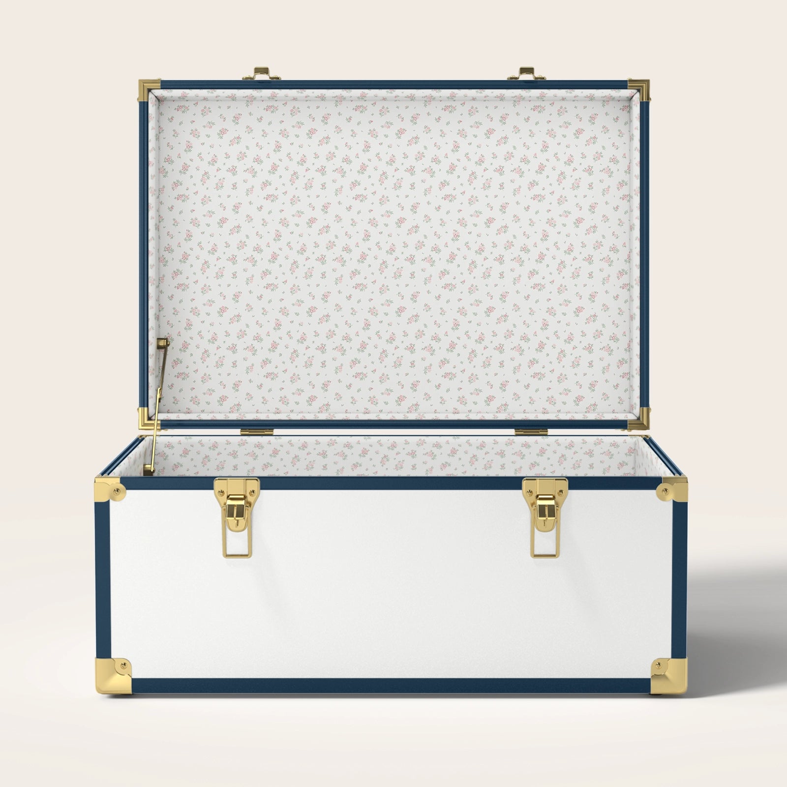 Navy and white trunk with floral interior pattern
