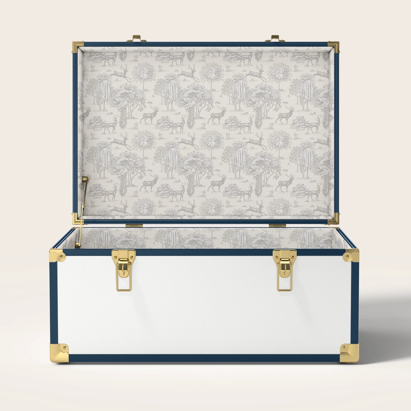 Navy and white trunk with cream landscape interior pattern