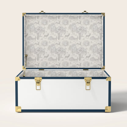 Navy and white trunk with cream landscape interior pattern