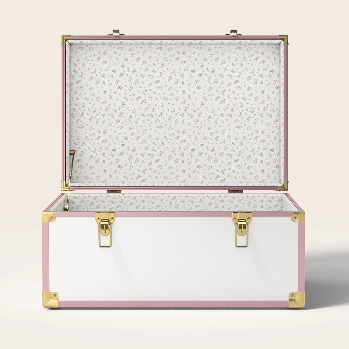 Pink and white trunk with floral interior pattern