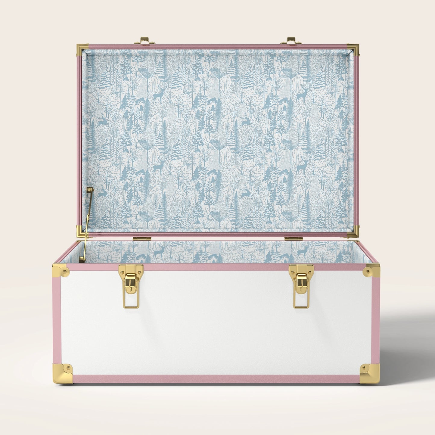 Pink and white trunk with blue landscape interior pattern