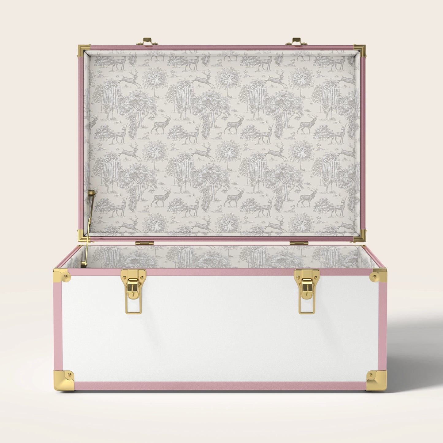 Pink and white trunk with cream landscape interior pattern