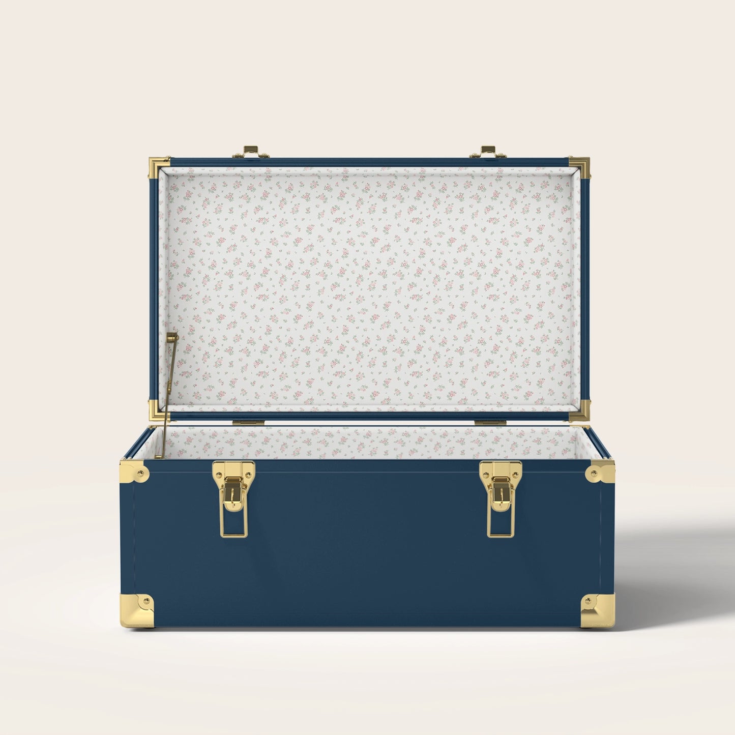 Navy trunk with floral interior pattern