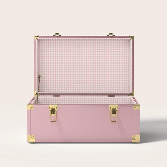 Pink trunk with pink gingham interior pattern