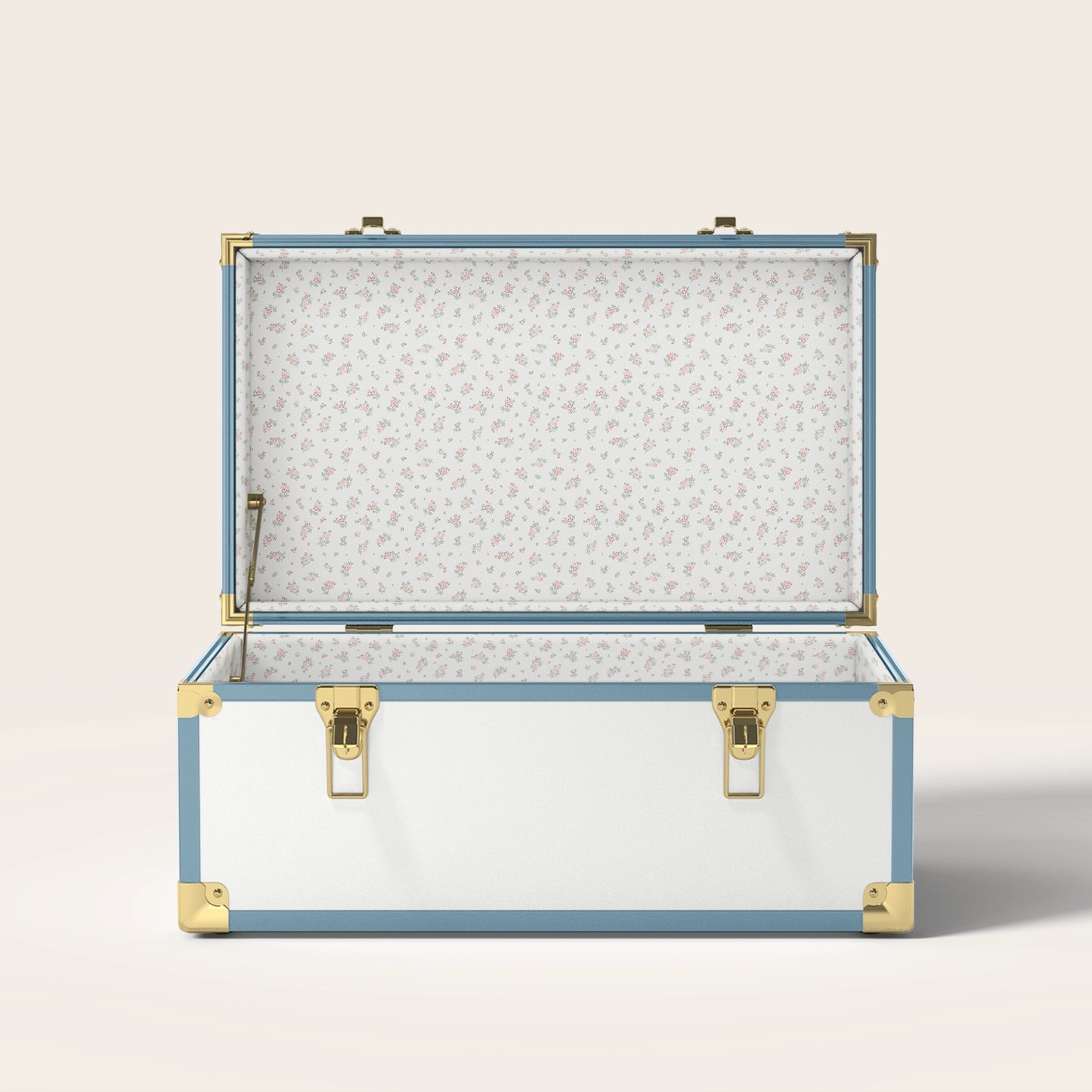 Blue and white trunk with floral interior pattern