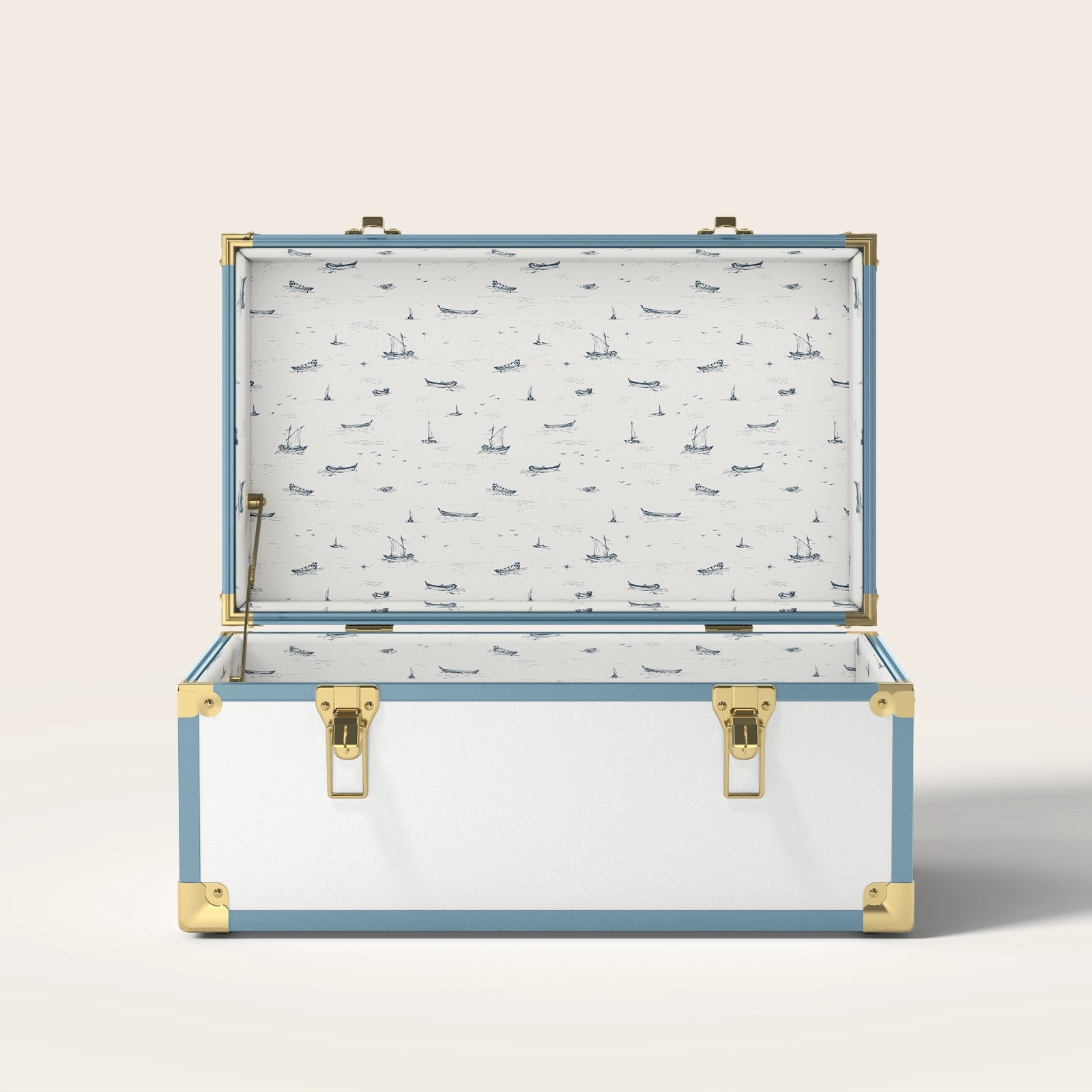 Blue and white trunk with blue ship interior pattern