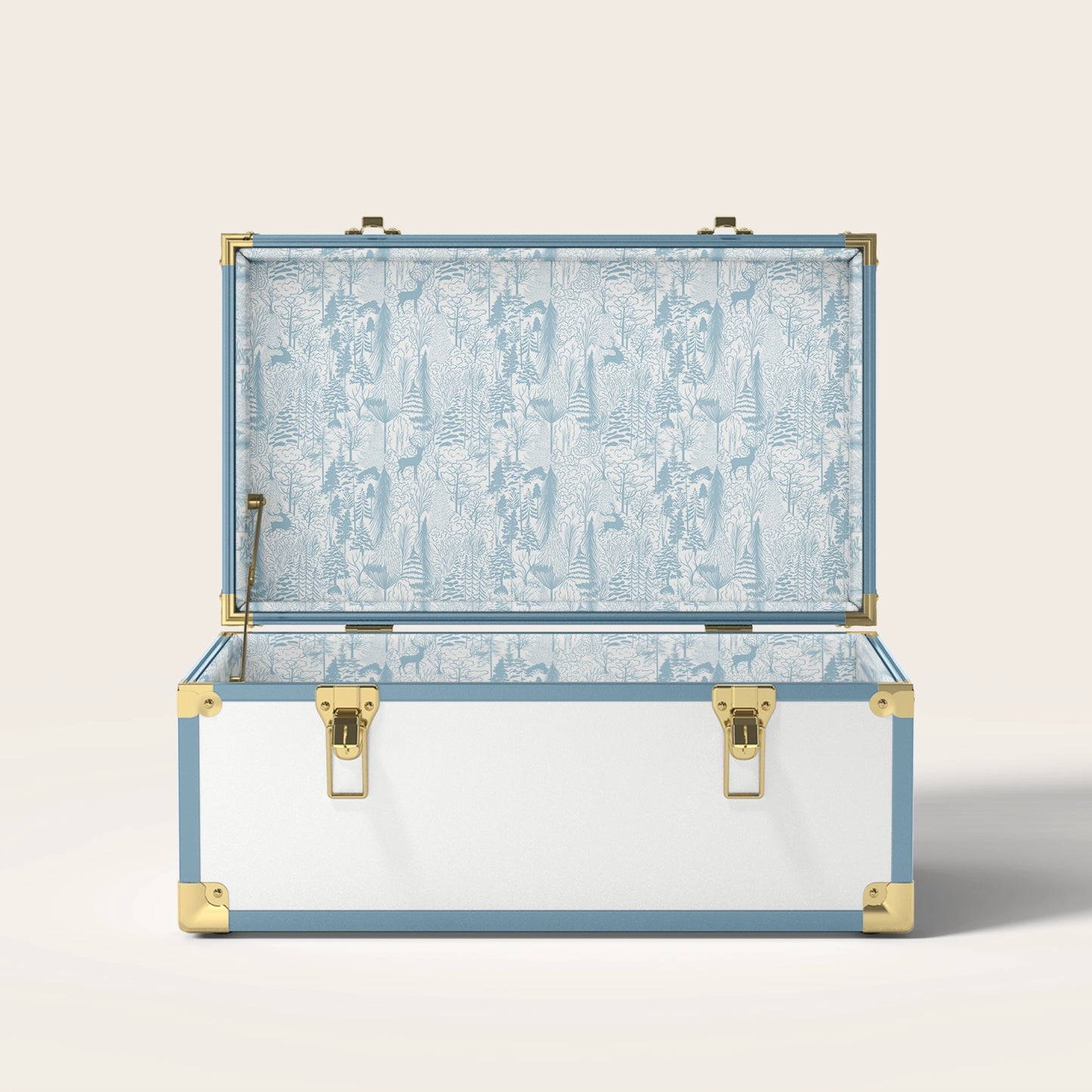 Blue and white trunk with blue landscape interior pattern