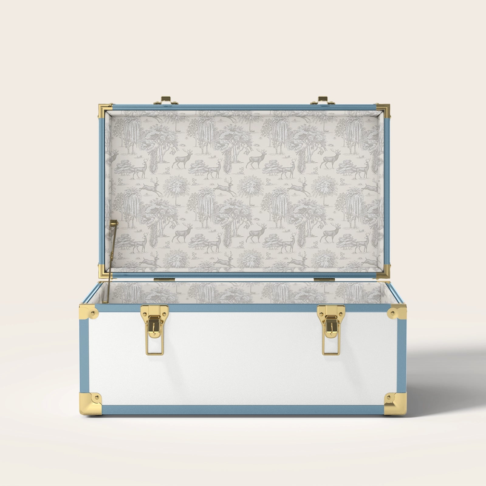 Blue and white trunk with tan nature interior pattern