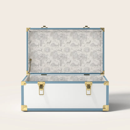 Blue and white trunk with tan nature interior pattern