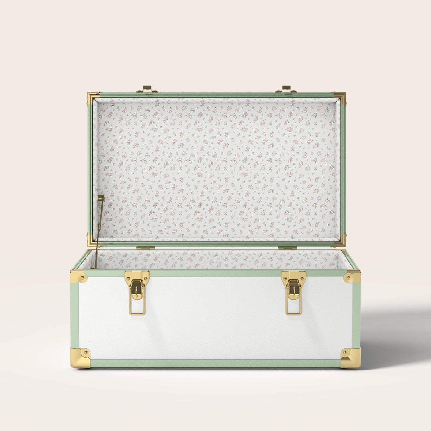 Green and white trunk with floral interior pattern