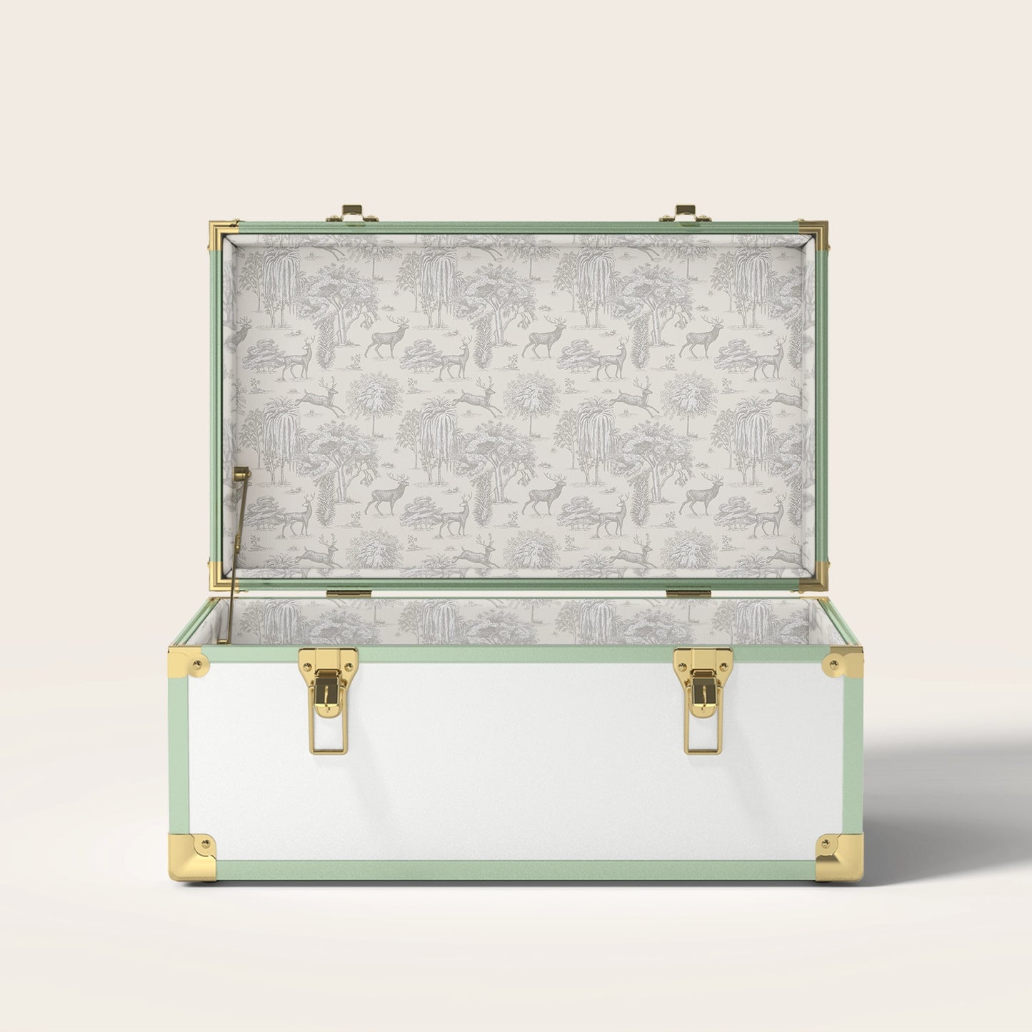 Green and white trunk with cream landscape interior pattern