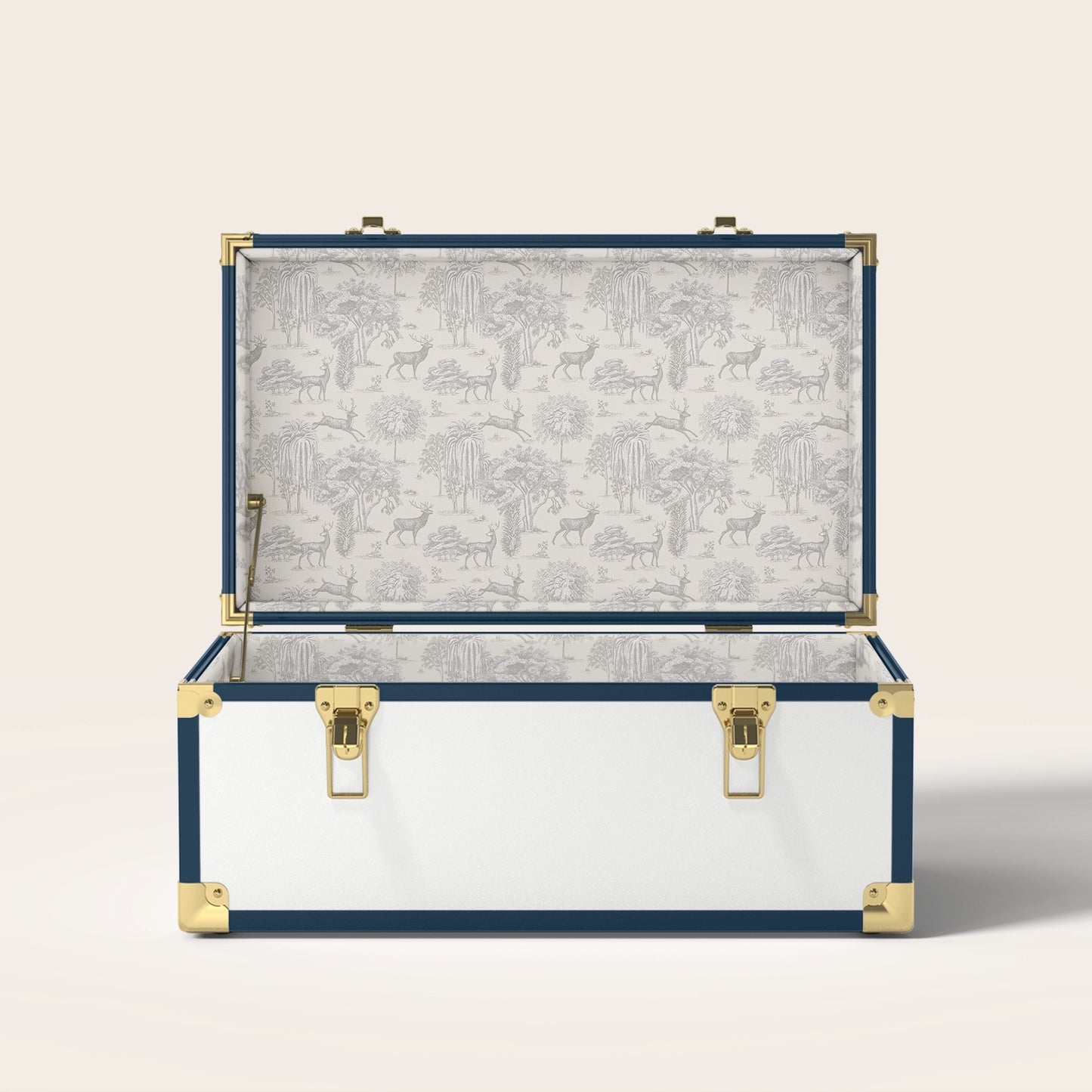 Navy and white trunk with cream landscape interior pattern