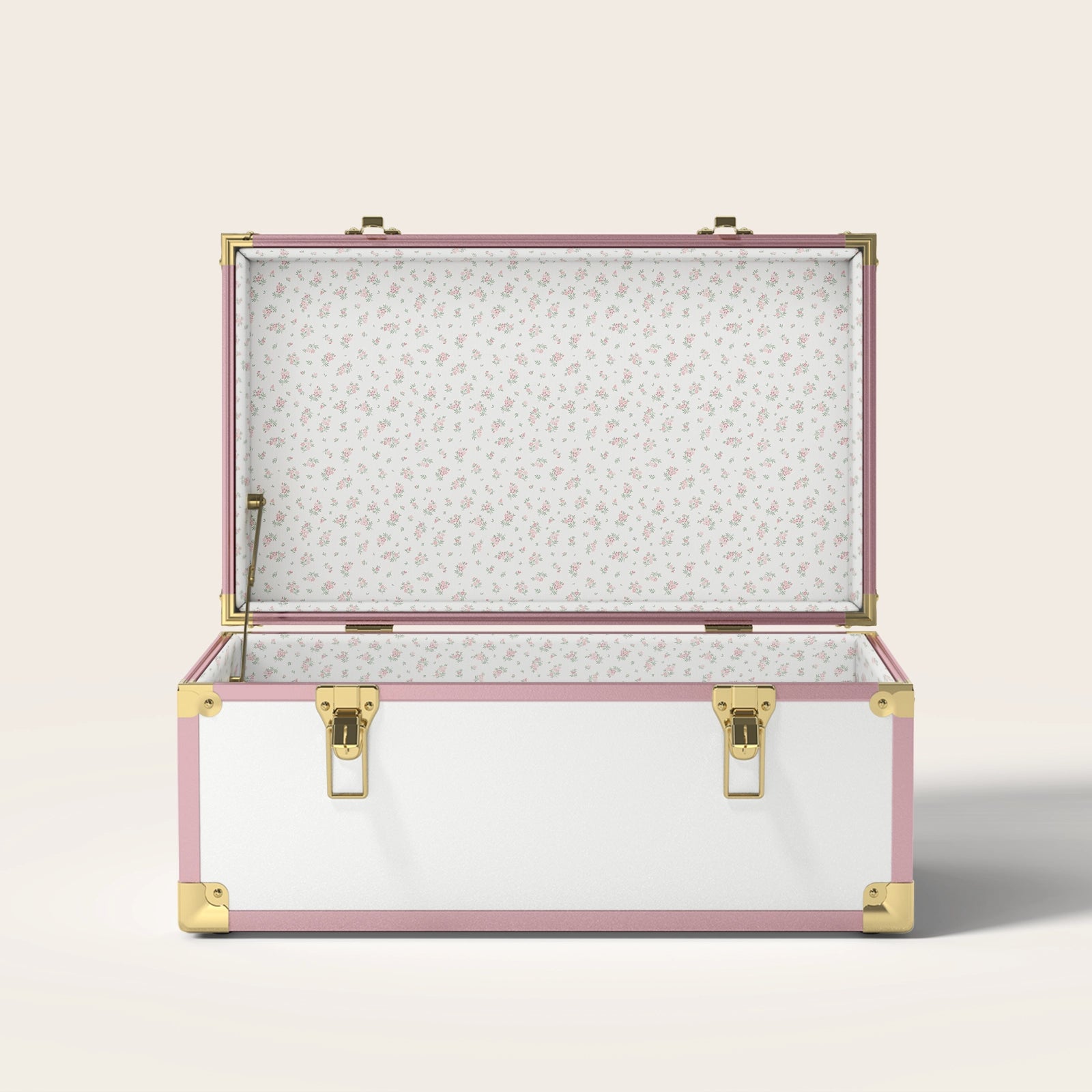 Pink and white trunk with floral interior pattern