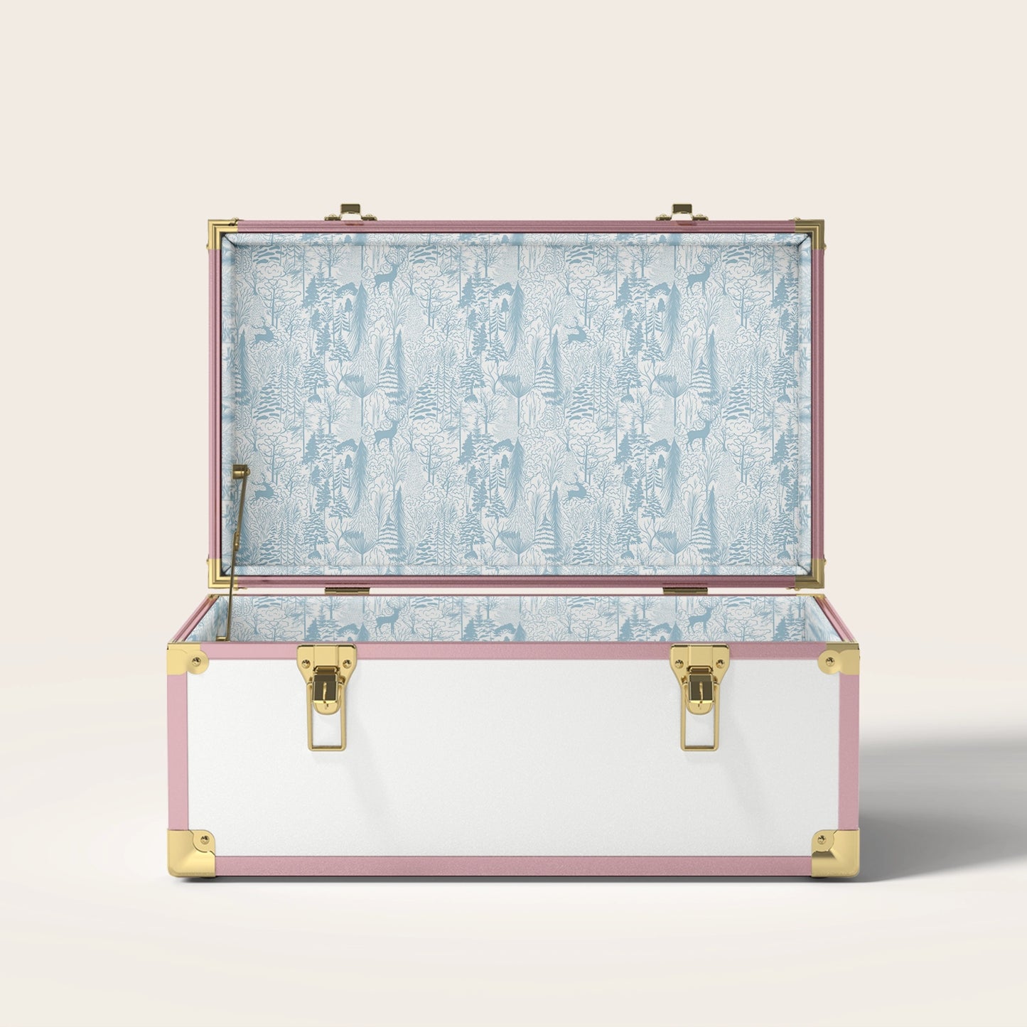 Pink and white trunk with blue landscape interior pattern