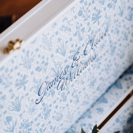 Blue floral patterned trunk with embroidered text