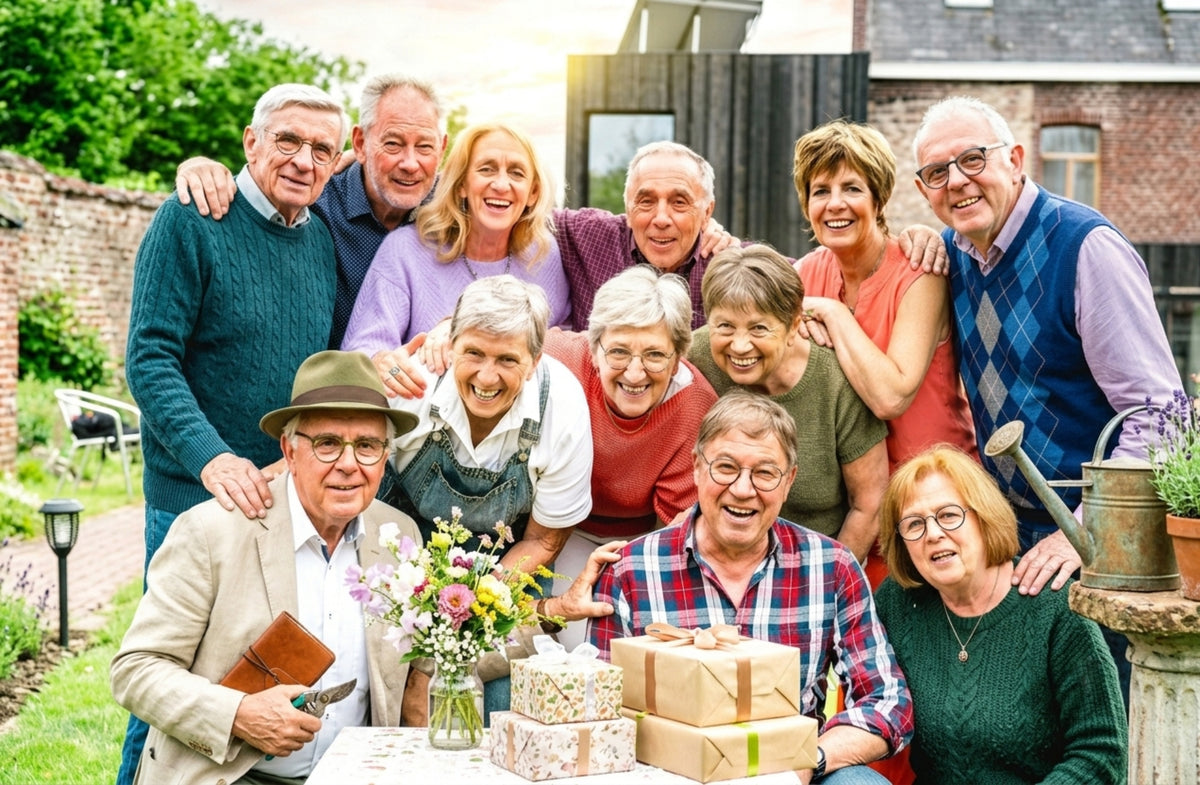 A group of elderly friends and family posing together in a sunny backyard garden setting, with wrapped gift boxes and flowers on a table in the foreground.
